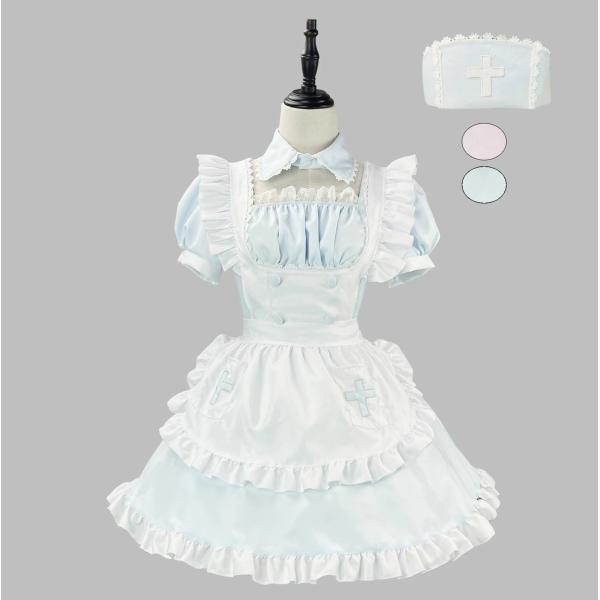 メイド服 半袖 膝丈 ショート丈 メイド服 レディース 女装 ナース 看護婦 メイドコスチューム 大人 十字架 裾フリル エプロンドレス ミニドレス 帽子 つけ襟 ミ