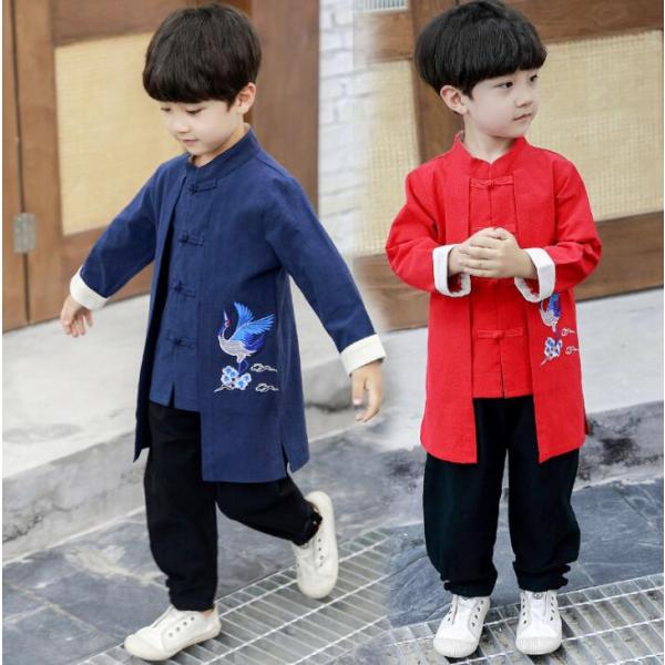 子供服 上下2点セット チャイナブラウス 長袖 ミドル丈チャイナ服 キッズ 男の子 前開き 中華衣裳 中華服 カンフー 武術 太極拳 ウェア 衣装 コスプレ 漢服 子ど