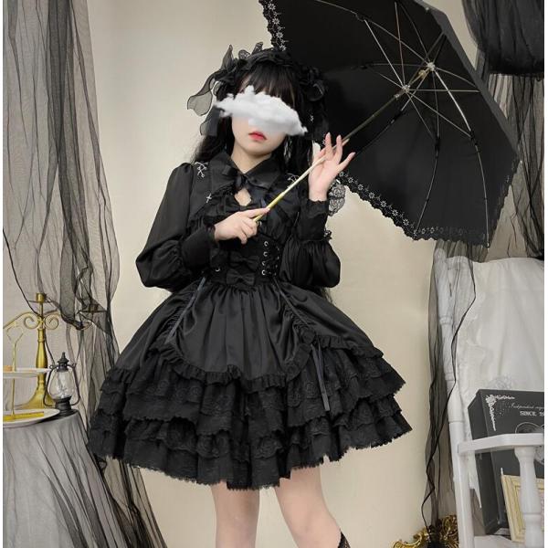 ゴシック＆ロリータ ワンピース ジャンパースカート フリル ロリータドレス ゴスロリ ロリータ服 黒 暗黒系 膝丈 ボリューム コスチューム 長袖のブラウス追加購