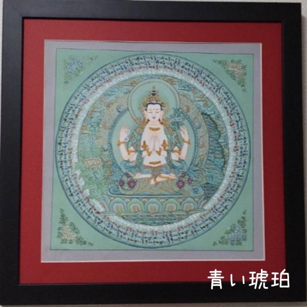 四臂観音菩薩 タンカ｜手描き・シルク仕立て額装｜チベット密教・守護