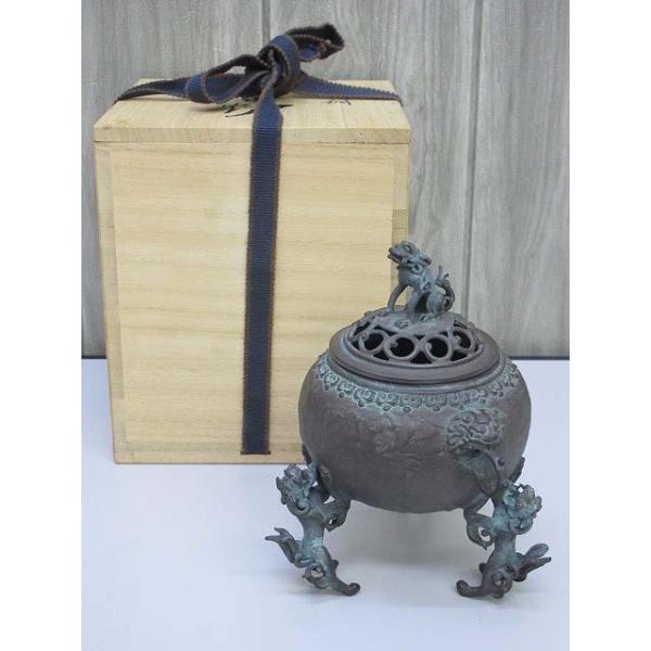 【未使用品】 高岡銅器 香炉 須賀七郎作 玉型 三獅子 三足 双耳 お香 香道具 脚付き 蓋付き 銅製品 伝統工芸 彫刻 工芸品 和小物
