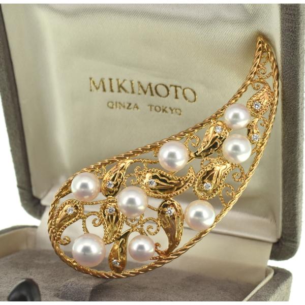 【超美品】ミキモトk18 11粒パールブローチ MIKIMOTO】ミキモト『K18YG てんとう虫 ピンブローチ 淡水パール』1