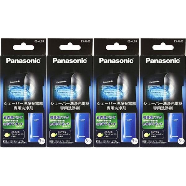 パナソニック シェーバー 洗浄充電器専用洗浄剤 ES-4L03 3個入シェーバー洗浄充電器専用洗浄剤。3個入り。ご使用の目安:新しい専用洗浄剤1個と洗浄液カップの水で約30日間(1日1回のシェービングとして)のヒゲクズを洗うことが出来ます。...