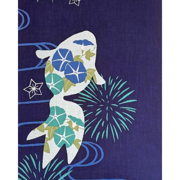 絵手ぬぐい「夏花金魚/濱文様」（花火・朝顔・金魚・初夏・夏・季節）金魚のシルエット　花火　朝顔・・・夏をモチーフにした落ち着いたデザインてぬぐいタペストリーにもいいですね。濱文様/手捺染サイズ 約長さ90cm×幅34cm布の伸縮により、多少...