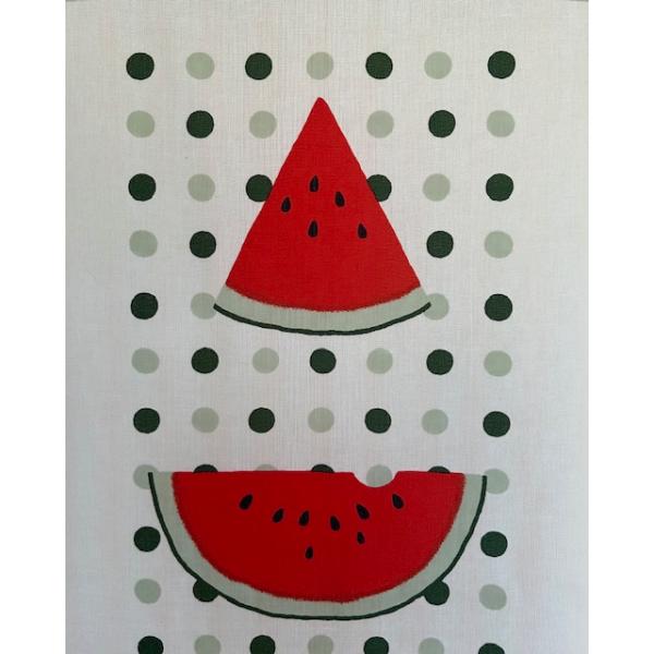 絵手ぬぐい「スイカ飾り/濱文様」（夏・すいか・スイカ・たべもの）暑い夏、スイカを飾って元気に過ごしましょう！てぬぐいタペストリーにもいいですね。濱文様/手捺染サイズ 約長さ90cm×幅34cm布の伸縮により、多少の誤差があります。素材　綿1...