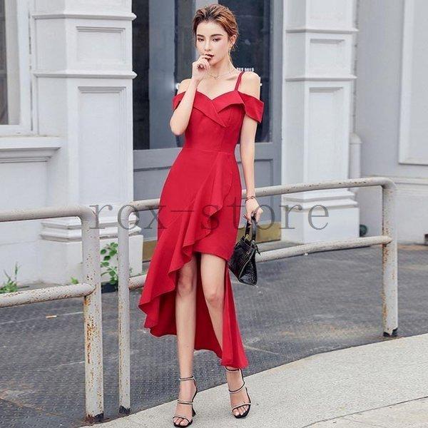 赤ワンピースドレス結婚式二次会お呼ばれキャミワンピースオフショルダーフレアフリル不規則無地お洒落ワンピース夏代30代大人 Apa アパーレ 通販 Yahoo ショッピング