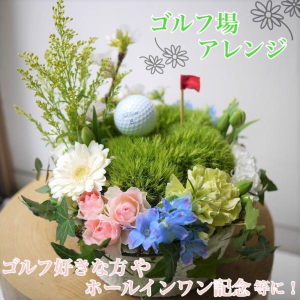 ゴルフ場に見立てたゴルフ場アレンジ。フラッグの色は指定可能。ボールとティーはブランド・色の指定不可です。ゴルフボール追加の場合、別に袋に添えますので到着後アレンジにさしてあるティーに乗せてください。配送中にボールが転がって花が壊れるのを防ぐ...