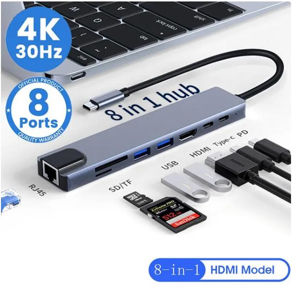 USB ハブ 8in1 タイプ C HDMI  PD SD マイクロSD 100 Mbps RJ45 データ 転送 充電