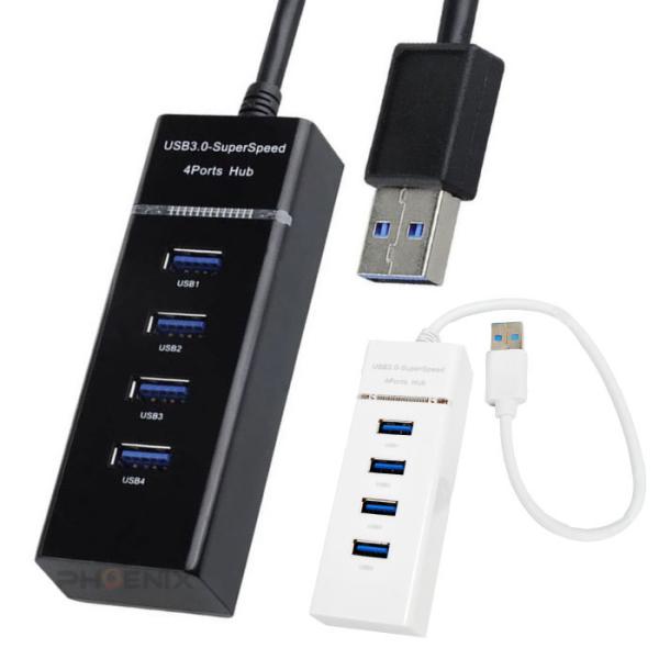 No-7760■商品内容：USBハブ（4ポート） x 1■カラー：ブラック ホワイト■サイズ：長さ…約10.4cm x 幅…約3.8cm x 奥行…約2.45cm、コード長さ…約28.7cm■規格：USB3.0（PC側…USB A（オス） ...