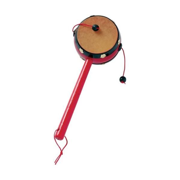 【商品概要】サイズ 直径6cm×19.5cm柄、木製。　太鼓の縁、合成樹脂台湾産○「カンカン」というやや甲高い音がします。【商品説明】でんでん太鼓は、小さな太鼓に柄をつけて、左右に振ると両側についた球が当たりポンポコとなるおもちゃです。小さ...