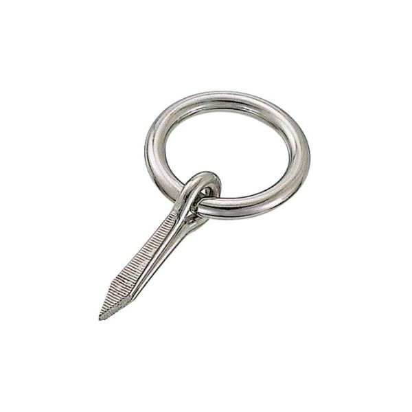 【商品概要】●木材の壁面や柱等に打ち込み固定することで丸リンクに物を通して吊り下げができます。●未使用時には丸リンクが倒れるので邪魔になりません。●木材の壁面・床面・柱等に設置し、チェーン・ワイヤー・ロープの端末金具として。●D(mm)：6...