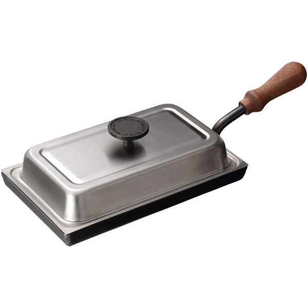 【商品概要】【サイズ】全長42×幅16×高さ9.5cm（蓋含む） 焼き面　約幅25×奥行14.5×深さ2cm　【重さ】約2.4kg(蓋含む)【素材】本体:鉄(シリコン塗装)底厚4.5mm ハンドル:天然木(オイル仕上げ) 蓋:ステンレス鋼(...