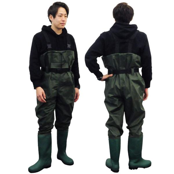 【商品概要】【チェストハイ型の完全防水ウェーダー】 水中に入っても濡れないよう腰上〜胸の程度まで伸ばしたつなぎ型の胴長で、おもに釣り人が着用し、川や湖、海や河口で水中に入り込む場合によく用いられます。 完全防水仕様なので、陸からでは届かない...