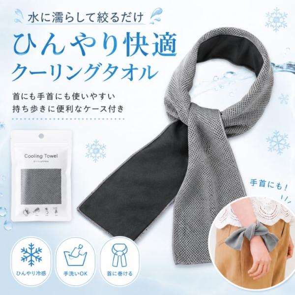 クールタオル 冷感タオル ロングタイプ 243025 約10×90cm ケース付き メッシュ素材 手洗いOK 首 手首 暑さ対策 ひんやりタオル スポーツ 通勤 通学