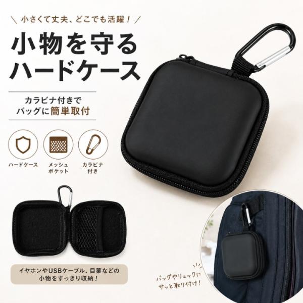 イヤホンケース ハードケース カラビナ付き RK265028 コンパクトマルチケース 小物入れ メッシュポケット 目薬 ケーブル収納 バッグ取付 ブラック 軽量