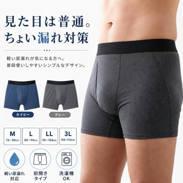 2枚組 ちょい漏れパンツ メンズ 20cc 尿漏れパンツ 前開き ボクサーパンツ 吸水 防水 前面2層 洗濯機OK 速乾 目立ちにくい 軽度失禁 M L LL 3L ネイビ