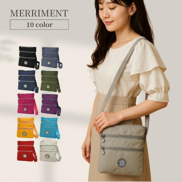 Merriment メリーメント ショルダーバッグ 3ファスナー 軽量 斜め掛け サコッシュ 仕分け 大容量 10色 ユニセックス 旅行 散歩 通勤