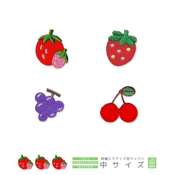 刺繍ワッペン 中サイズ 3個入り ・ くだもの いちご イチゴ さくらんぼ サクランボ チェリー ぶどう ブドウ 入園 入学 アップリケ アイロン接着