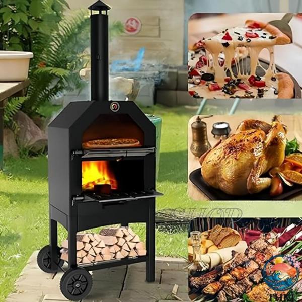 ピザ窯 ピザオーブン キャンプ 屋外用 2層 薪ストーブ ピザメーカー ピザ焼き釜 最高火力900? 温度計付き 取り外し可能なホイール付き 煙突付き PIZZA窯 家庭用