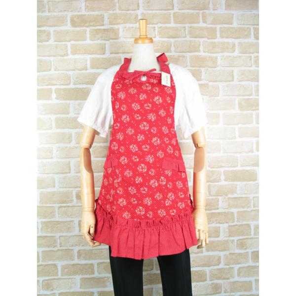 エプロン フリル 赤色 かわいい ドットブーケ柄 日本製 おしゃれ