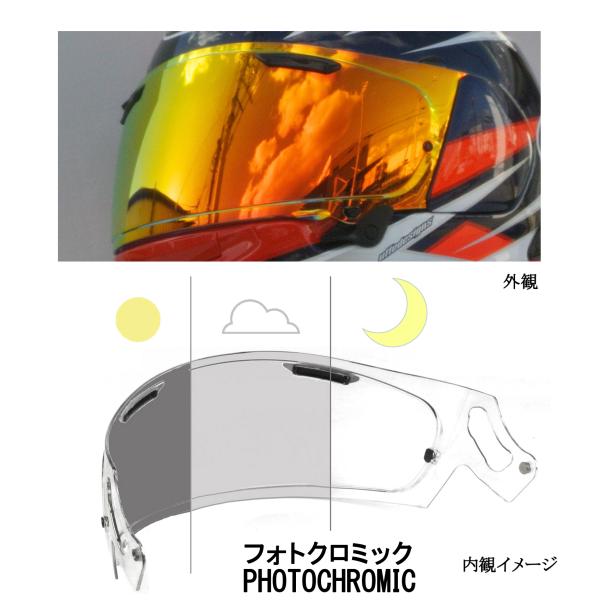 商品詳細RXP VAS-V MV 適合 オレンジフォトクロミック外側オレンジ 内側調光 (スモーク→クリア)  PHOTOCHROMIC オレンジ フォトクロミックシールド 社外品 アライ Arai ヘルメット 適合 RX-7X XD AS...