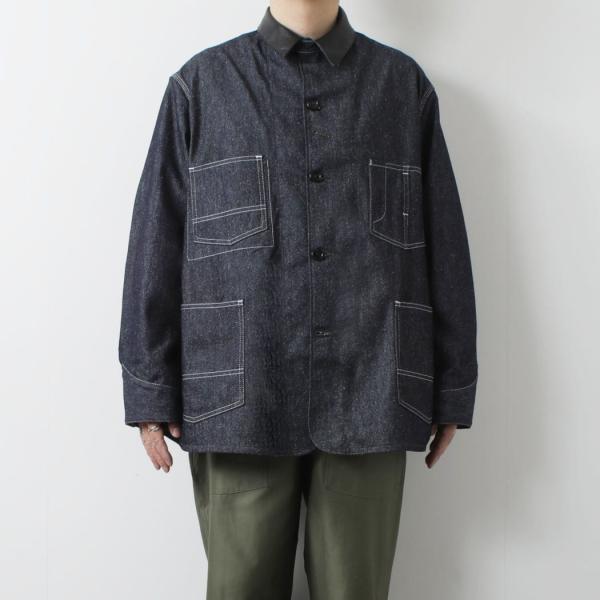 INTERIM インテリム ゴート レザー シルク ノイル デニム 1st ヘラクレス カバーオール GOAT LEATHER COLLAR SILK NOIL DENIM 1st HERCULES COVERALL NVY