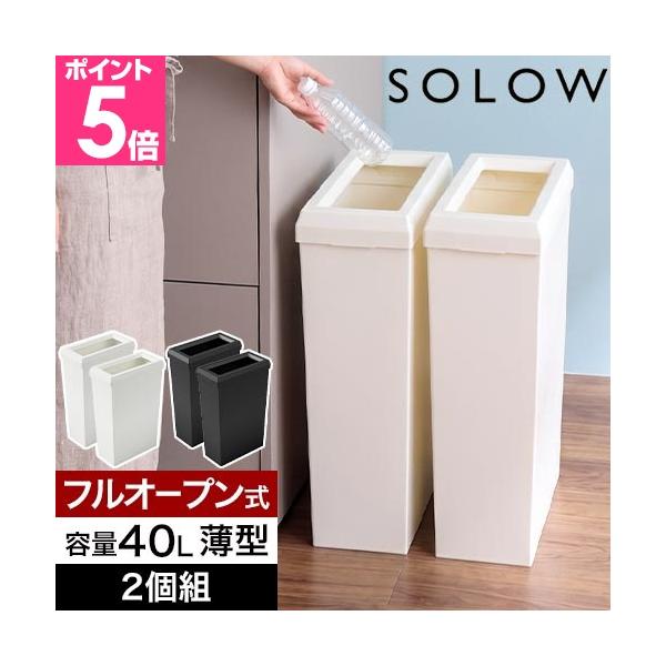 ソロウ 選べる豪華特典 ゴミ箱 薄型 隙間や通路で使える スリムダストボックス フルオープン 40L 2個セット おしゃれ 45リットル袋 分別 蓋なし キッチン 大容量