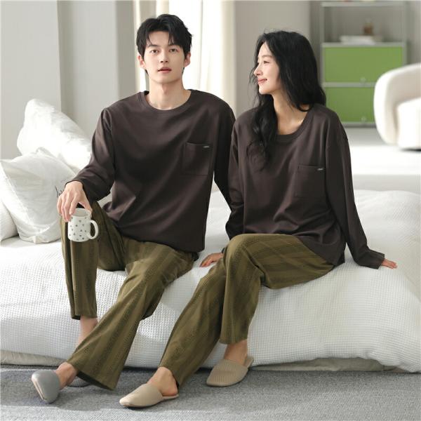 ペア パジャマ 長袖 男女2着 セット 無地 カジュアル 冬 uネック セットアップ カップル 秋冬 シンプル ルームウェア クルーネック 秋 綿 ポリエステル ギフト