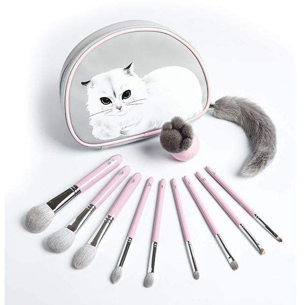 Energy メイクブラシ 10本セット山羊毛 春の新作続々 化粧ブラシ メークアップブラシ チークブラシ 化粧筆 可愛い かわいい ファンデーションブラシ 女 萌え猫 化粧ポーチ付き
