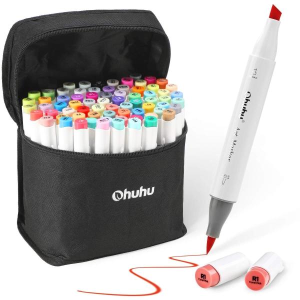 Ohuhu マーカーペン 筆先 72色 ふでタイプ ブレンダーペン付き イラストマーカー 筆 太字