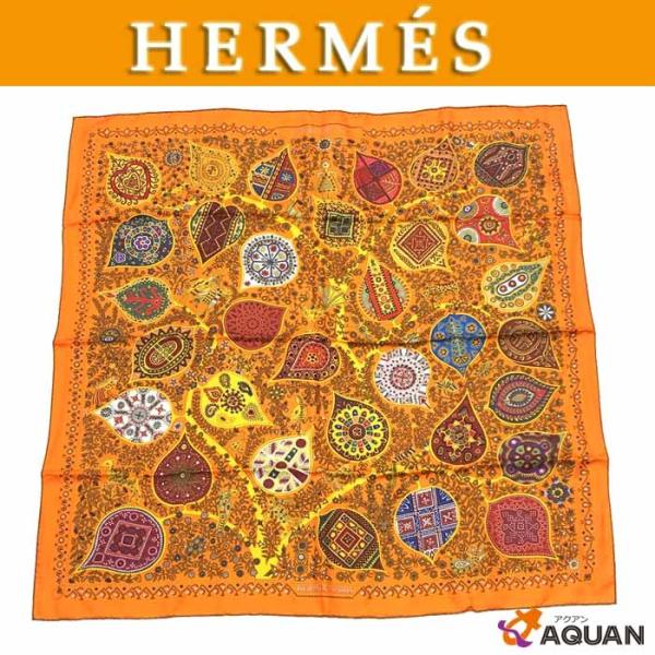 セール HERMES　エルメス　カレ90　大判スカーフ　L'Arbre de Vie　生命の木　シルク　オレンジ系　未使用　送料込み