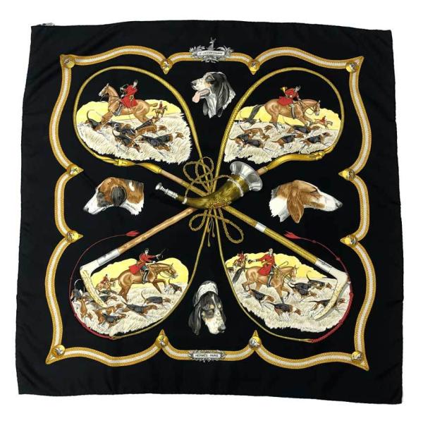HERMES エルメス スカーフ カレ90 LE LAISSER COURRE 猟犬 狩猟 犬 馬 動物柄 シルク ブラック 黒 aq5193