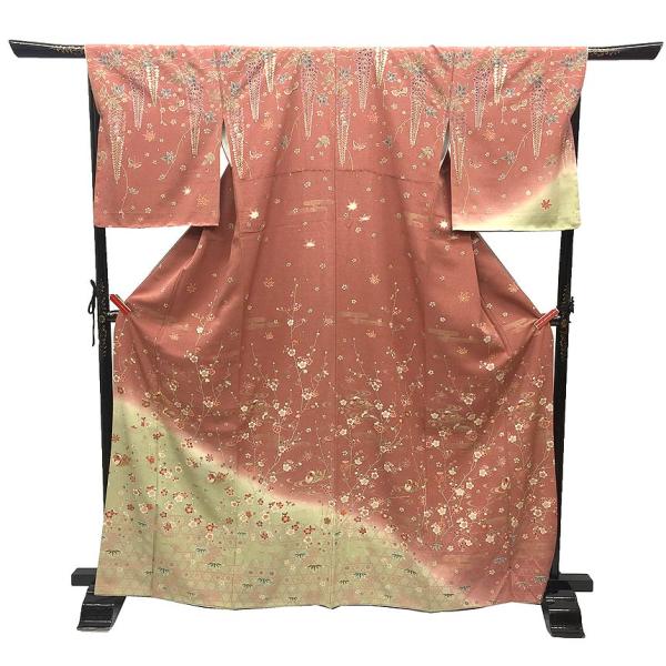 京やB064 正絹 訪問着 金駒刺繍 ピンク 裄長め フォーマル〜セミ