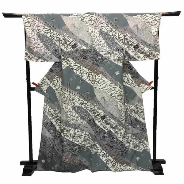 京やC042 正絹 小紋 丹後ちりめん 日本の絹マーク 笹 唐草 季節の草花 