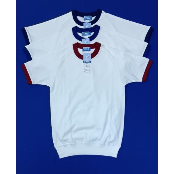 フレッド　0552半袖体操服　花紺、紺、エンジ素材　身頃　綿60％、ポリエステル40％　パルパーニット素材、付属　ポリエステル100％白生地の特徴　ピリングが起こりにくく白度の低下が少ない。吸汗性がよく、速乾性にもすぐれています。静電気が起...