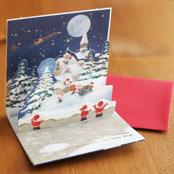 立体クリスマスカード(ミニサイズ)「月夜に輝く街でプレゼントを届ける