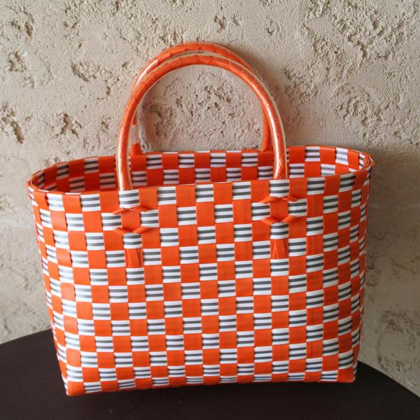 ベトナム製】ハンドメイドのプラカゴS7,シンプル編みオレンジ