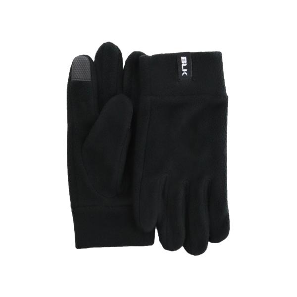 フリース素材を使用した手袋です。保温性が高く、通勤・通学や試合観戦時の防寒対策におすすめです。着用したままスマートフォンやタブレットの使用が可能です。BLKロゴはプリント加工です。サイズ：S：全長23cm、手甲幅10.5cmL：全長24.5...