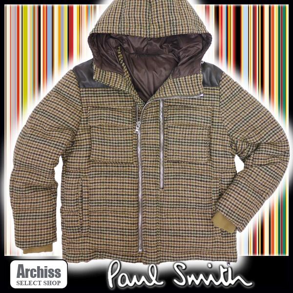 ポールスミス Paul Smith フーディ ダウンジャケット メンズ ベージュ系 ハウンドトゥース 千鳥格子 Moon社ツイード生地 茶レザー切替 Mサイズ 訳あり S S Archiss 通販 Yahoo ショッピング