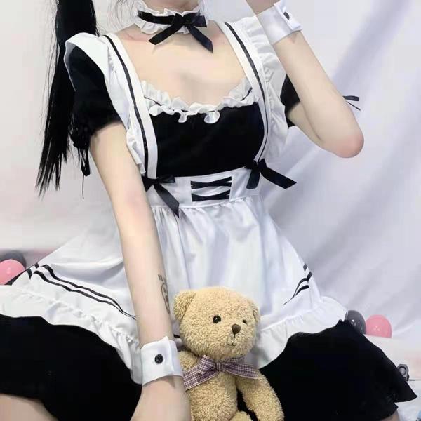 コスプレ メイド服 衣装 仮装 かわいい フリル ロリータ カチューシャ 付き 豪華セット レディース コスチューム カフェ ハロウィン定番 フルセット コス 男ウケ