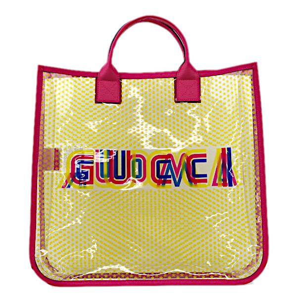 美品 GUCCI グッチ ビニール クリア ピンク イエロートートバッグ 