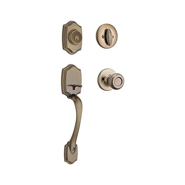並行輸入品 Kwikset Belleview 玄関ドアハンドルセット デッドボルト付 SmartKey リキー対応 室内ドアノブ アンティークブラス ピッキング対策 防犯 交換用