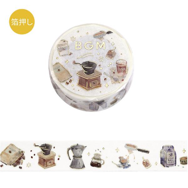 コーヒーや紅茶のイラストが大人可愛い♪BGMの15mm幅マステです。手帳やノートのデコ、ラッピングにも。珈琲/紅茶/ティータイム/カフェ/コラージュ/■サイズ：幅15mm×5m■素材：和紙、箔■生産国：中国株式会社BGM