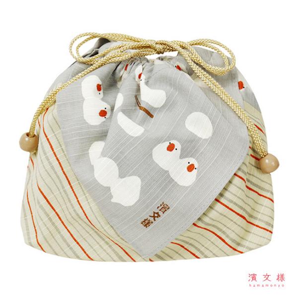 お弁当巾着 おしくら 文鳥 グレー / 可愛い お弁当袋 巾着袋 ランチ