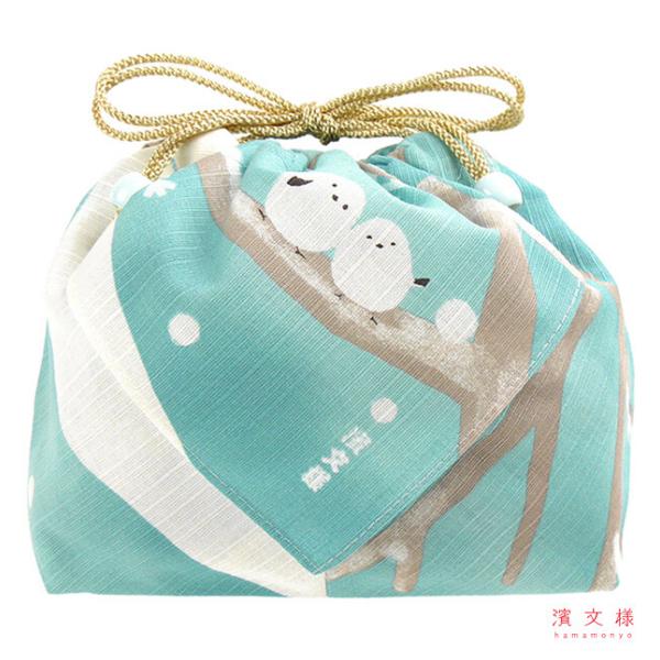 お弁当巾着 雪あそび シマエナガ / 可愛い お弁当袋 巾着袋 ランチ巾着