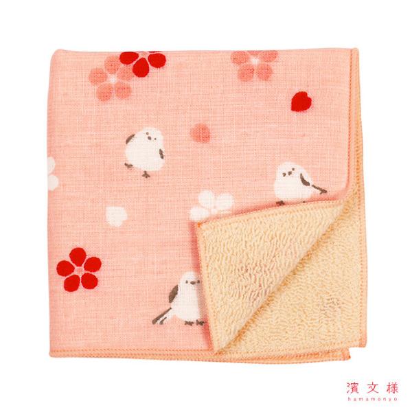 専用❤みかん❤もっちりニット×雲の６重ガーゼ⭐ハンドタオル❤シマエナガ＊赤 和たおる セミウォッシュ ふんわりシマエナガ / 野鳥 綿100% ハンド
