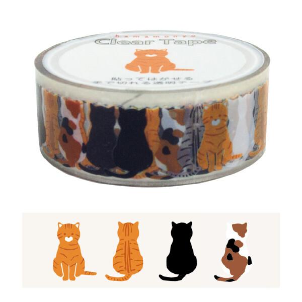 濱文様 おすわり猫ならべ 15mm クリアテープ / ネコ PET素材 手で