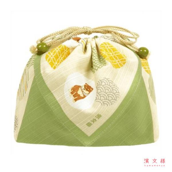 お弁当巾着 豆柴と小紋玉 グリーン / 可愛い 柴犬 お弁当袋 巾着袋 ランチ巾着