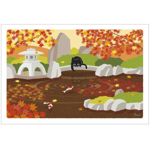 たびねこ 秋柄 ポストカード 庭園の鯉 / 紅葉 可愛い 猫 ネコ 四季 風景 はがき もりとしのり