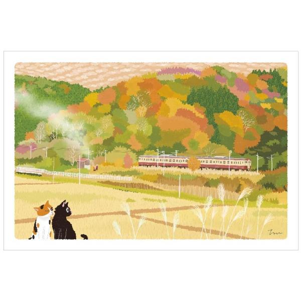 たびねこ 秋柄 ポストカード 秋色パッチワーク / 紅葉 可愛い 猫 ネコ 四季 風景 はがき もりとしのり